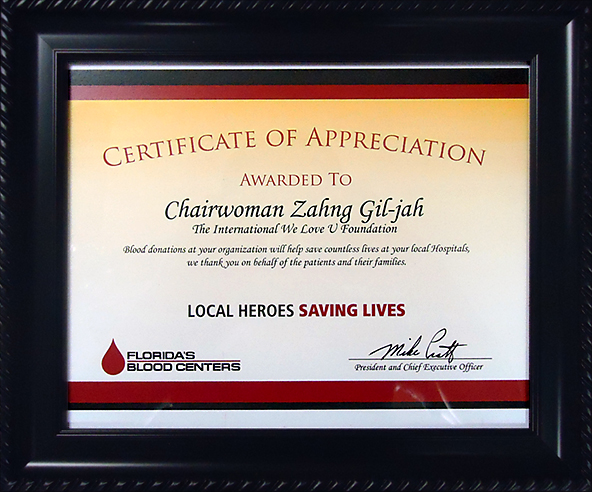 미국 올랜도 혈액원장 감사장