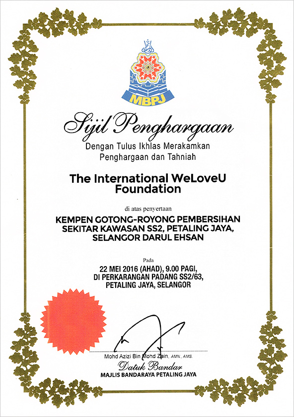 Certificate of Appreciation from Mayor of Petaling Jaya City, Malaysia