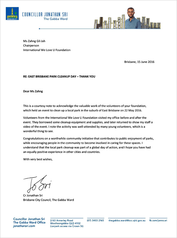 Letter of Appreciation from Brisbane City Council, the Gabba Ward Councillor