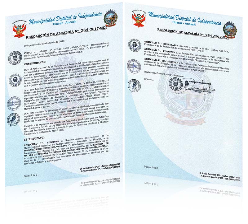 Bản nghị quyết của Chủ tịch quận Independencia, Huaraz, Peru