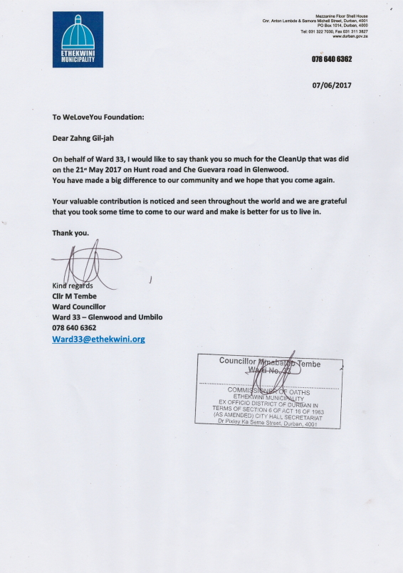 남아프리카공화국 더반 시의원 감사편지