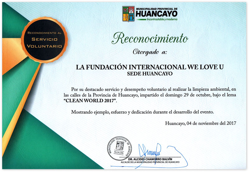 Volunteer Service Award from Mayor of Huancayo in Peru