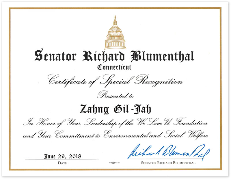 Certificate of Special Recognition from Senator of Connecticut in U.S.(Chairwoman)