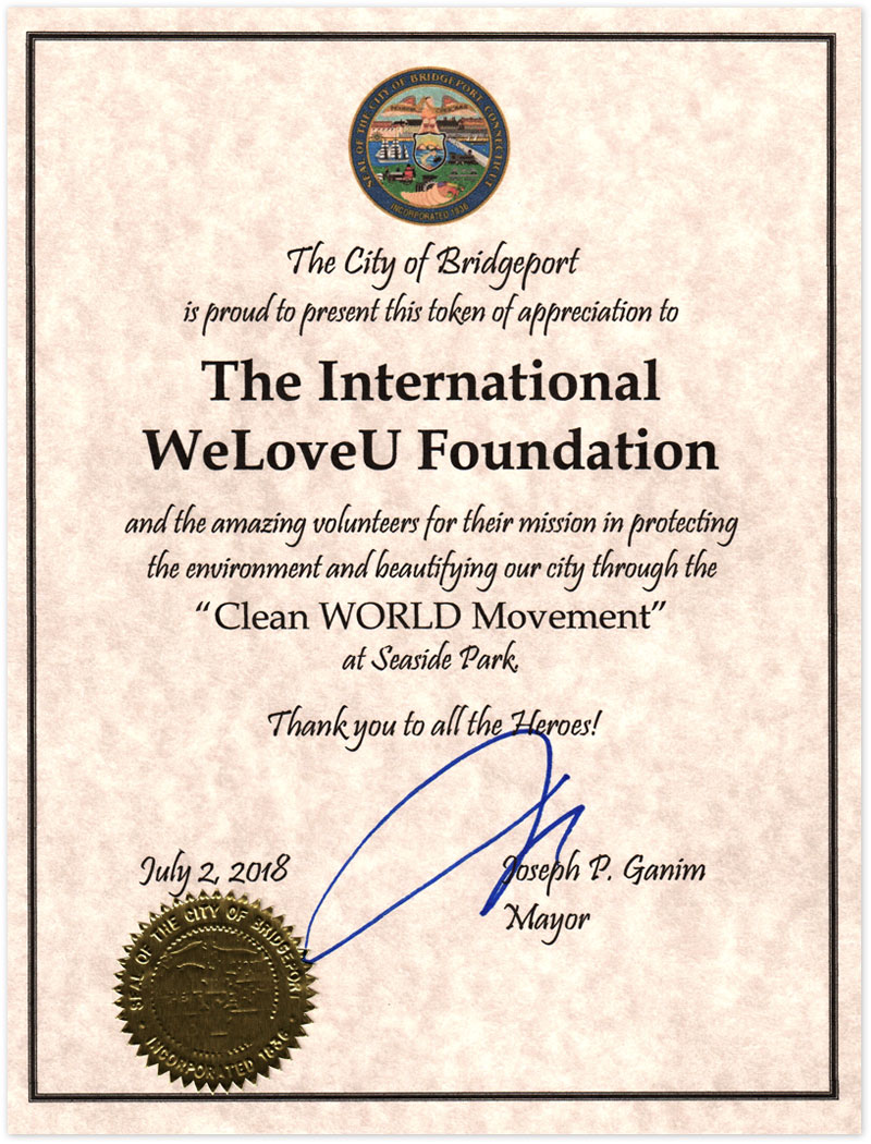 Carta de agradecimiento del Alcalde de Bridgeport, EE. UU.