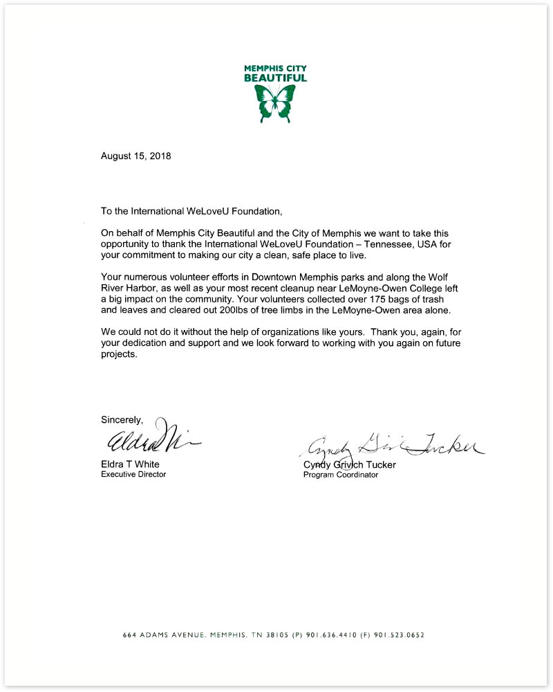 Carta de Agradecimiento de Embellezcamos la Ciudad de Memphis, en Memphis, TN, EE. UU.