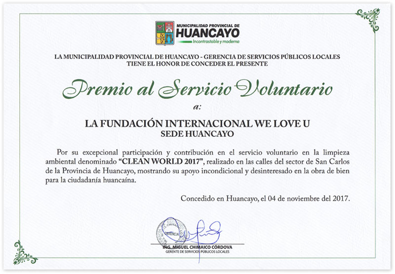 Giải thưởng Phụng sự Tình nguyện của Cục trưởng Cục Dịch vụ Công cộng, tòa thị chính Huancayo, Peru