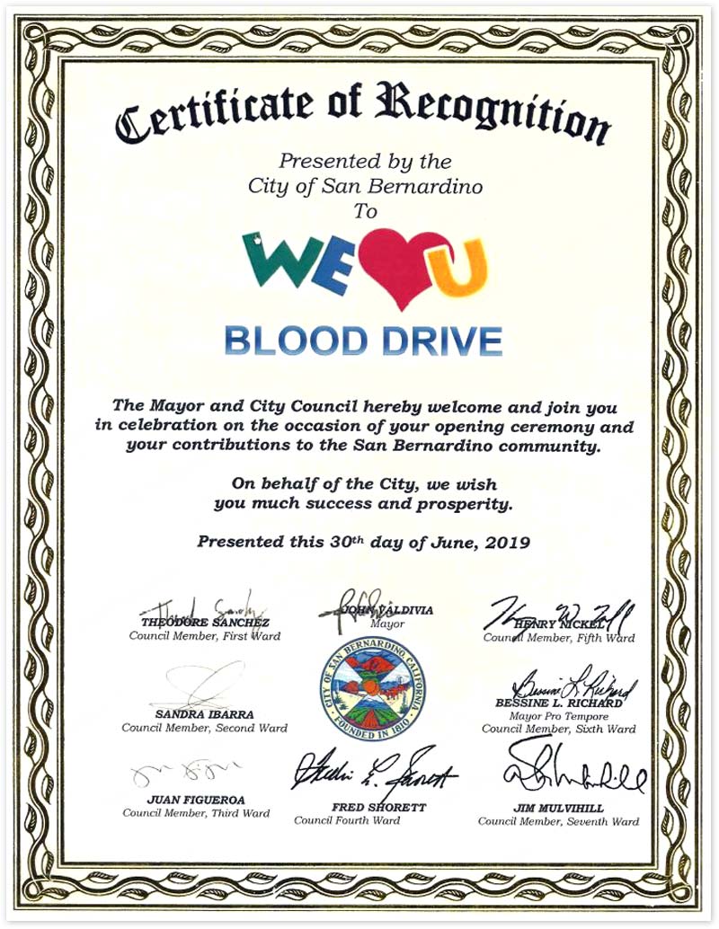 Certificate of Recognition from Mayor and Council Members of the City of San Bernardino, CA, U.S.