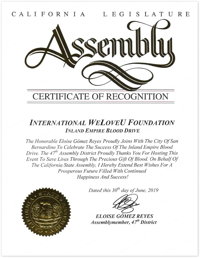 미국 CA 입법부 의회 표창장