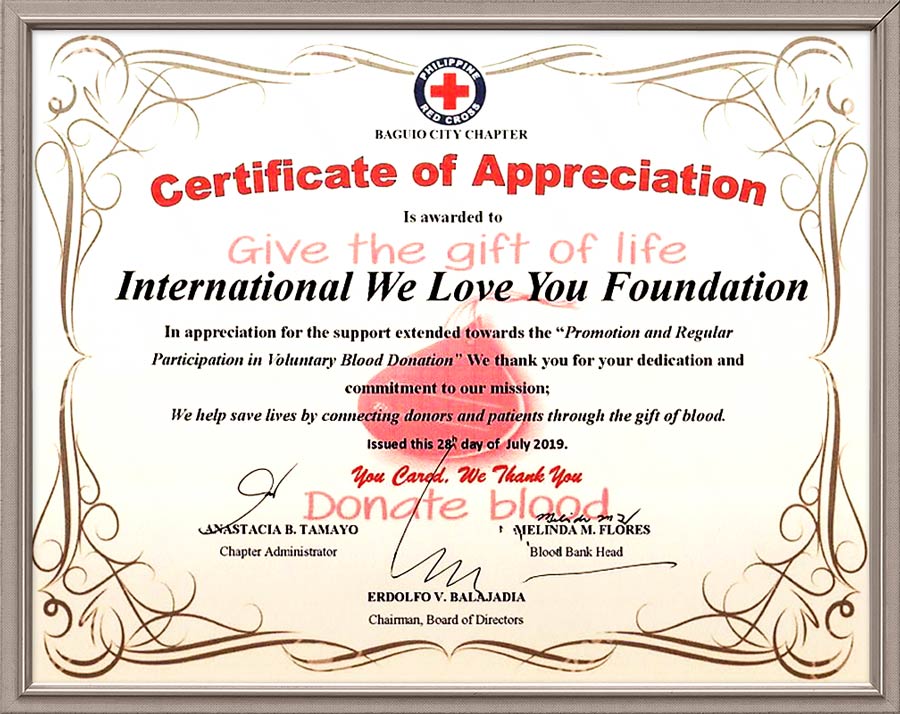 필리핀적십자사 바기오지사 이사장 감사장