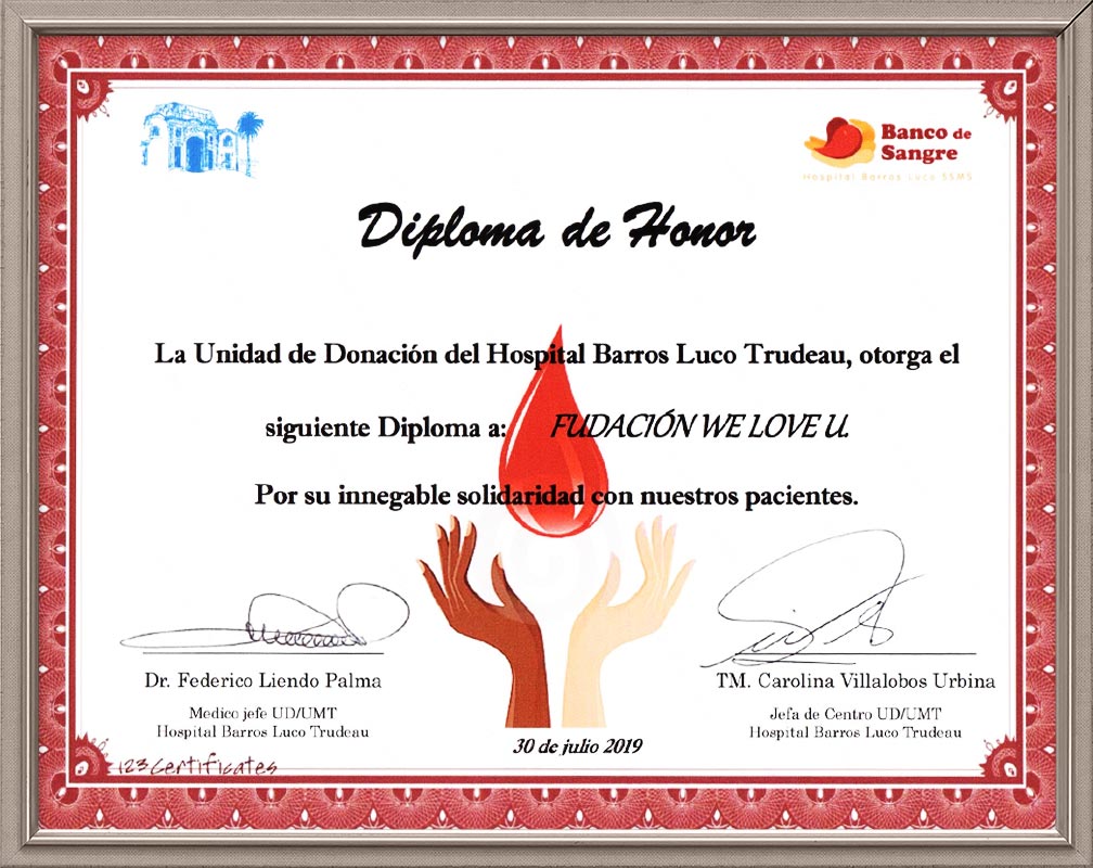 칠레 산티아고 바로스루코 트루데아루 종합병원 혈액원장 감사장