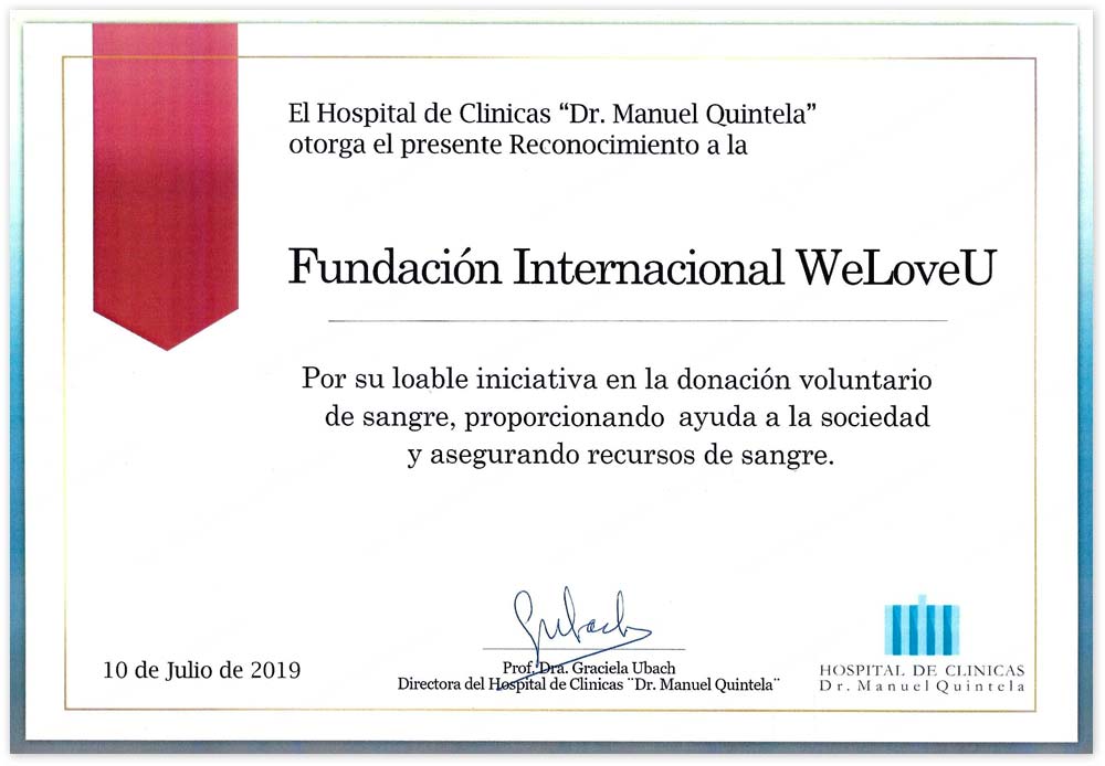 Certificado de reconocimiento del Hospital Universitario Dr. Manuel Quintela de Uruguay