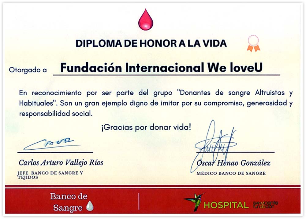 Life Citation from Chief of the University Hospital of San Vicente Foundation and the Blood Bank in Colombia
