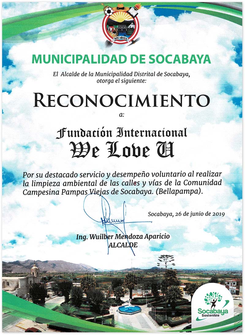 Certificado de Agradecimiento del Alcalde de Socabaya en Arequipa, Perú