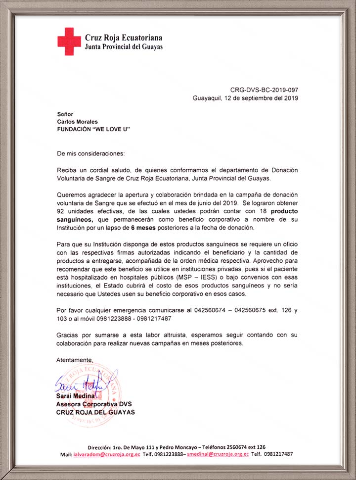 에콰도르적십자사 과야스지사 법률고문관 감사편지