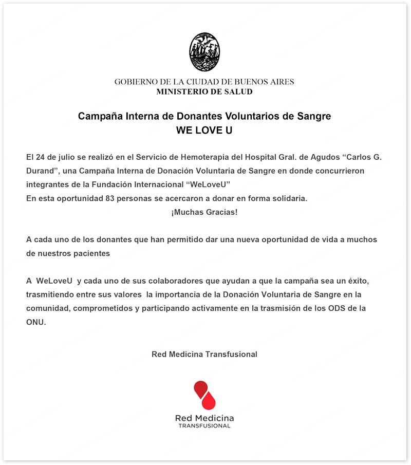 Carta de Agradecimiento de la Red Medicina Transfusional del Hospital Gral. de Agudos “Carlos G. Durand”, Argentina