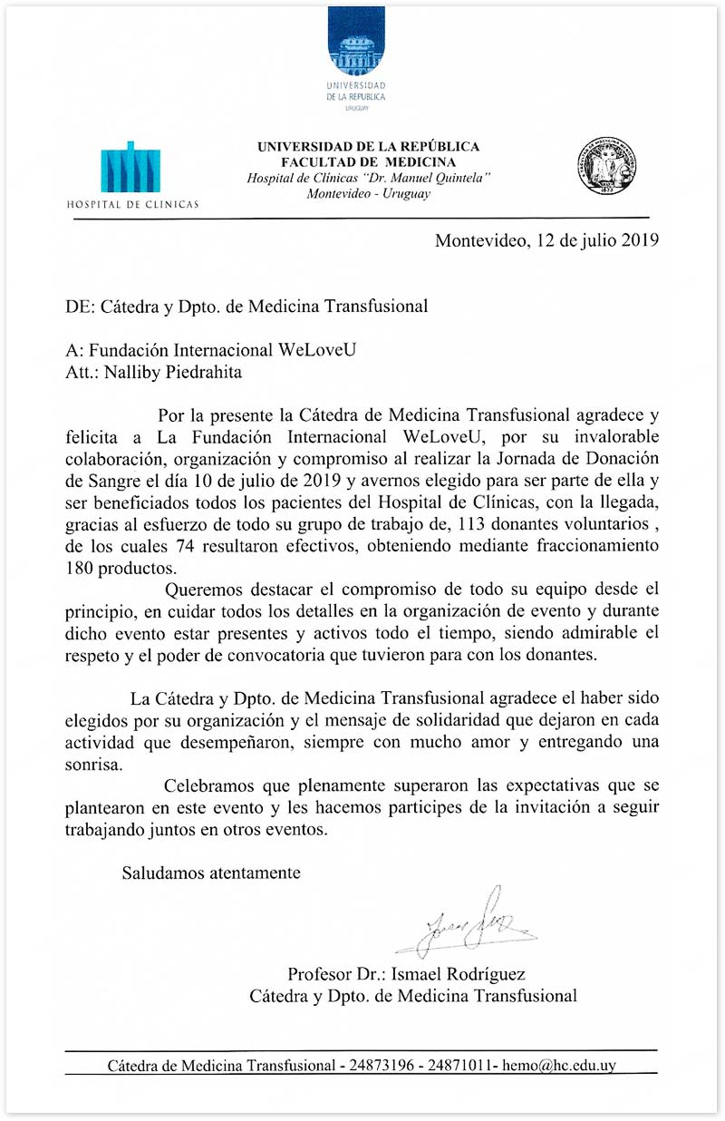 우루과이 다니엘 마누엘 킨텔라 대학병원 수혈의학과 교수 감사편지