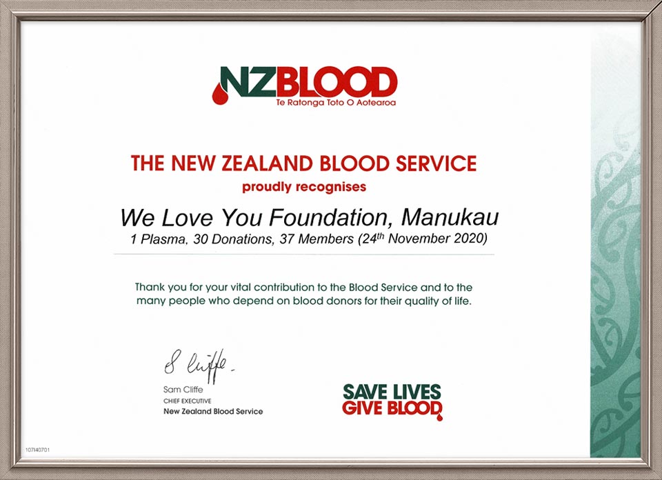 Certificado de Agradecimiento del Servicio Sanguíneo de Nueva Zelanda