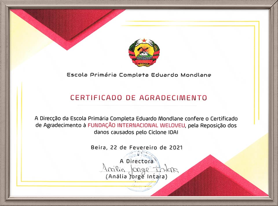 Certificate of Appreciation from Director of Eduardo Mondlane Complete Primary School, Mozambique