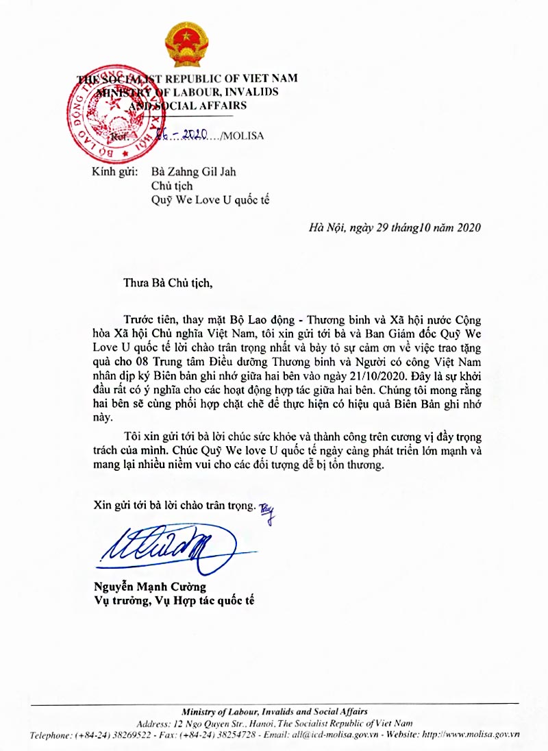 Thư cảm ơn của Vụ trưởng Vụ Hợp tác quốc tế Bộ Lao động-Thương binh và Xã hội Việt Nam