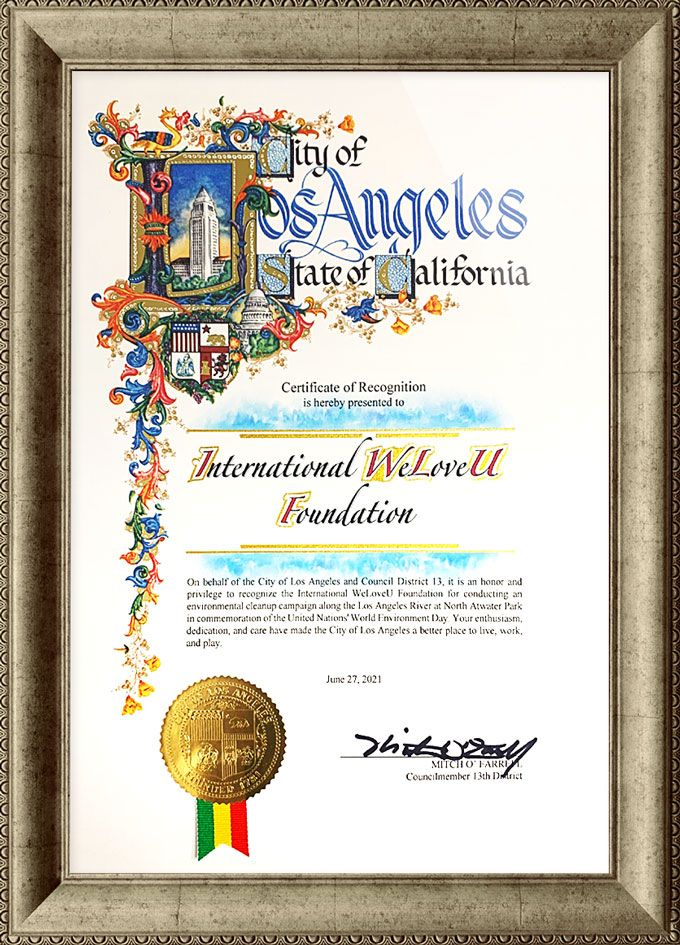 미국 로스앤젤레스시 제13지구 시의원 표창장