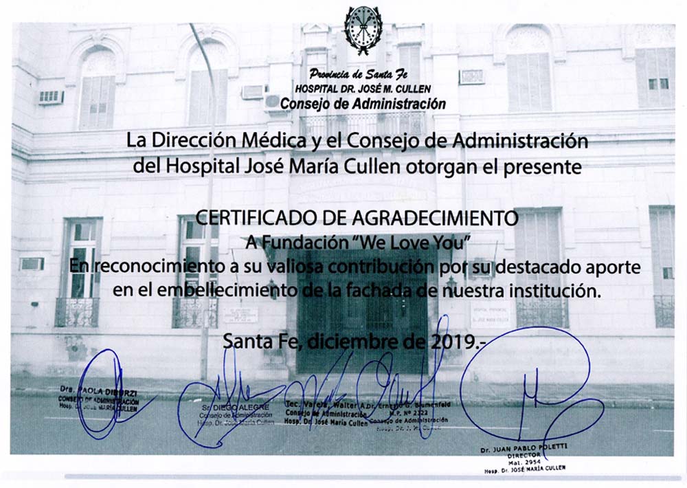 Certificado de Agradecimiento del Director del Hospital José María Cullen, Argentina