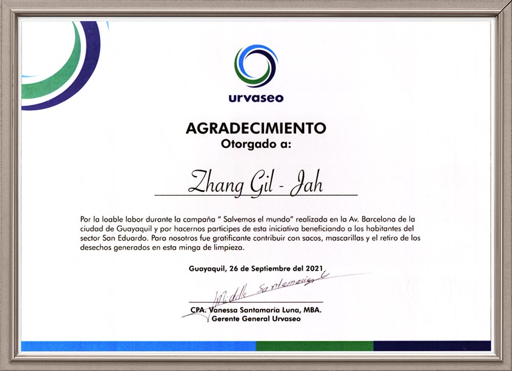 Certificado de Agradecimiento del Gerente General Urvaseo, Ecuador