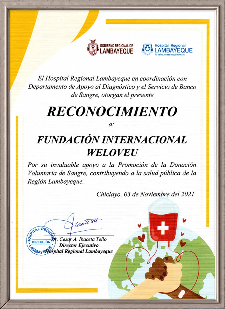 Certificado de Reconocimiento del Director Ejecutivo del Hospital Regional Lambayeque, Perú