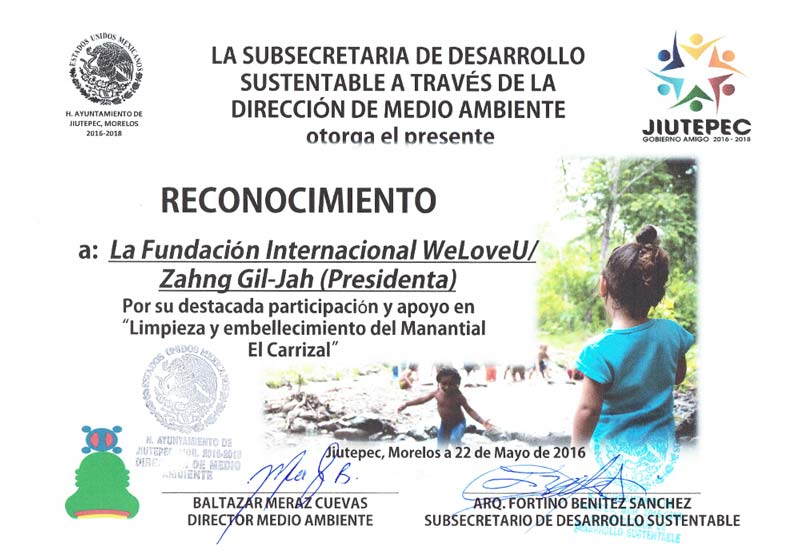 Certificate of Recognition From Environment Directorate of Jiutepec City Hall, Mexico