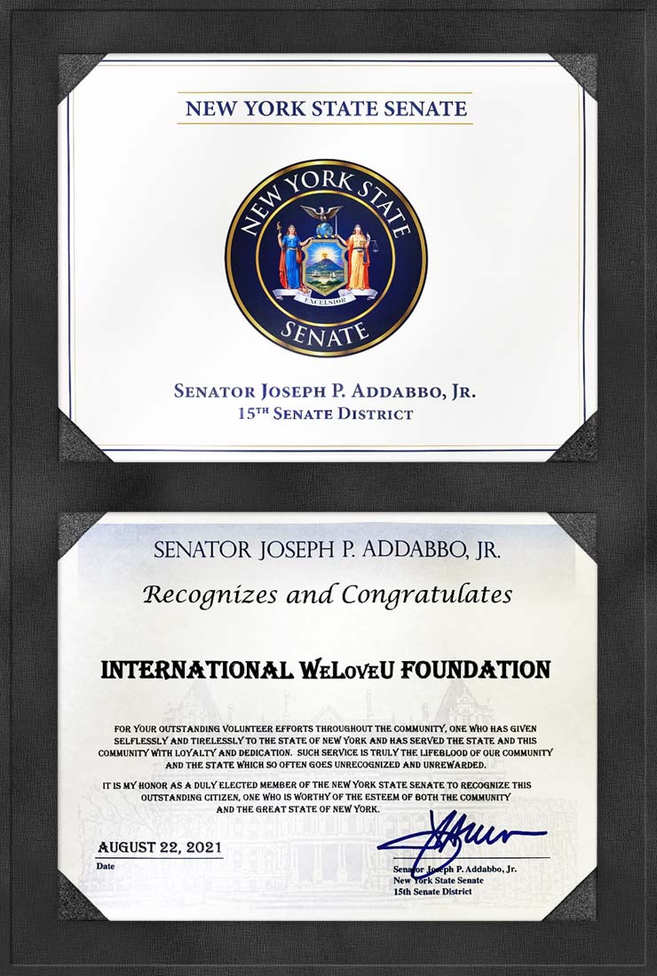 Certificate of Recognition from New York State Senator, U.S.