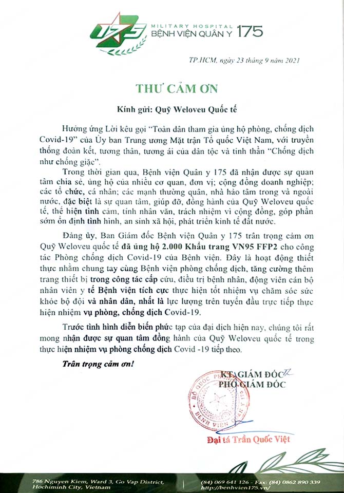 베트남 175 군병원장 감사 편지
