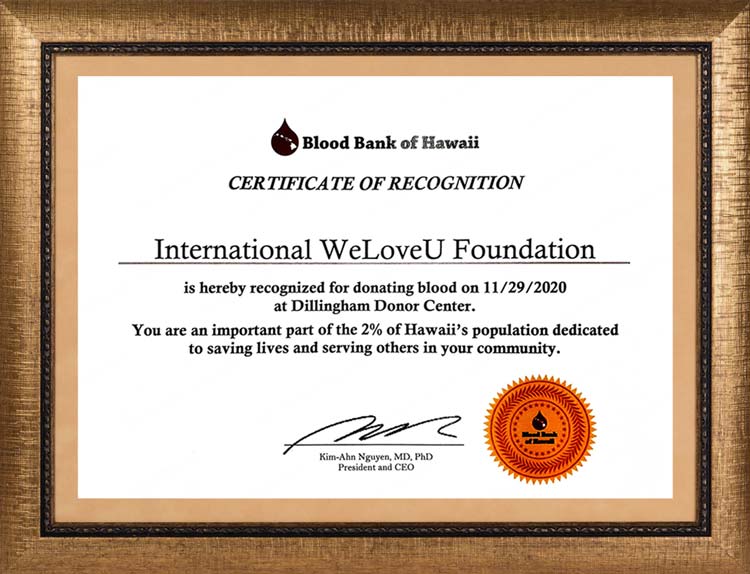Certificate of Recognition from President and CEO of Blood Bank of Hawaii, U.S.