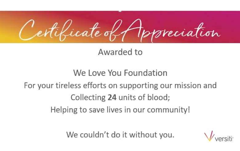 미국 콜롬버스 베르시티혈액원 감사장