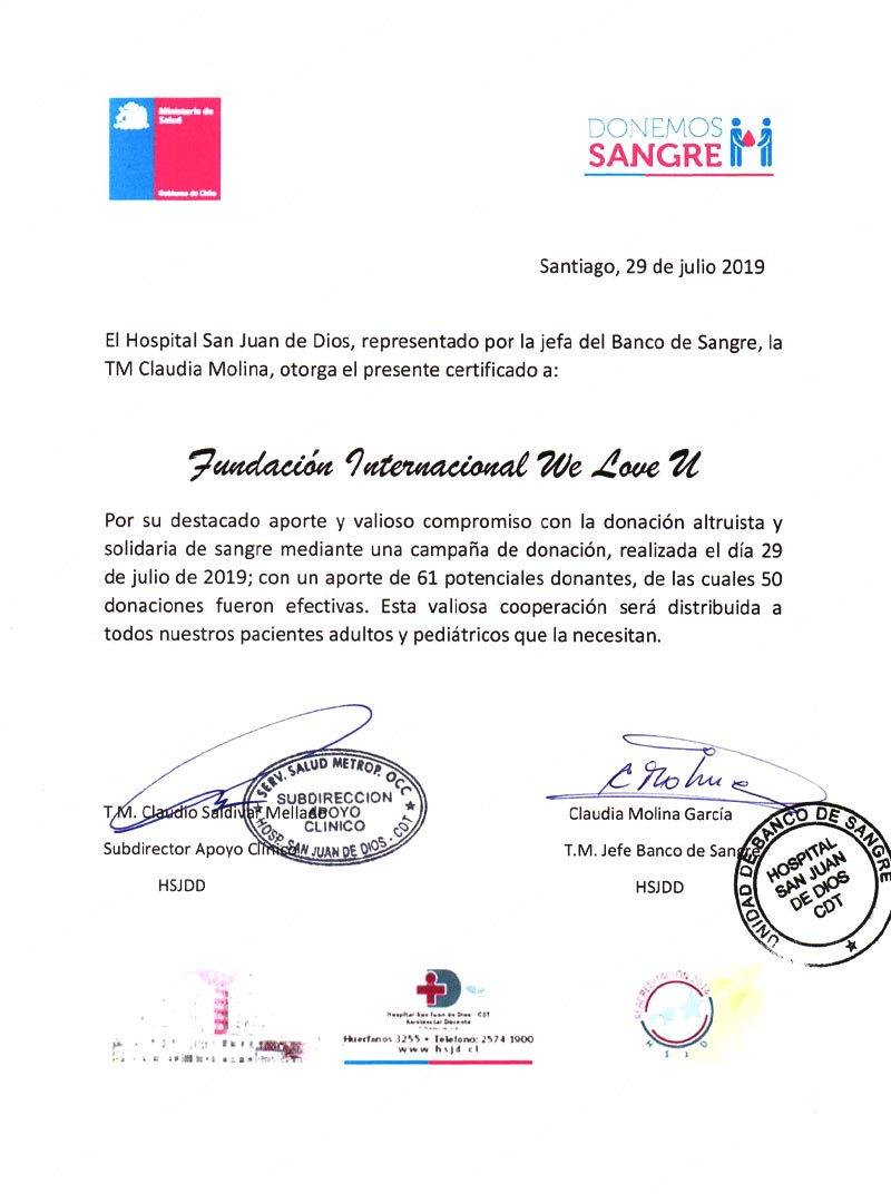 칠레 산티아고 산후안데디오스 병원 혈액원장 감사장