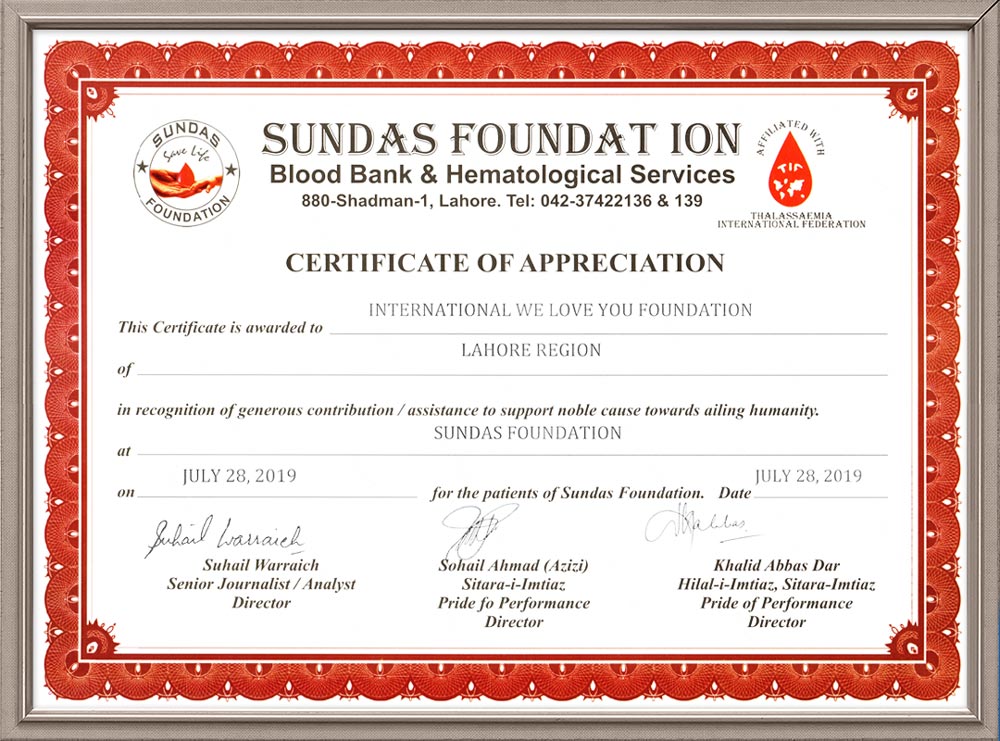 Certificado de agradecimiento del Director del Centro de Transfusión Sanguínea Fundación Sundas, Pakistán