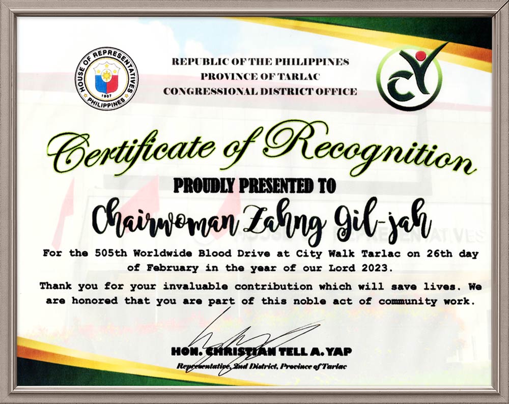 Certificado de Reconocimiento del representante de Tarlac, Filipinas