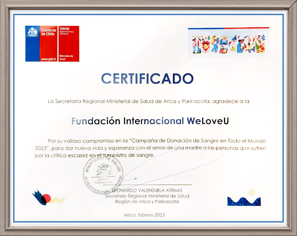 Certificado de Agradecimiento de la Secretaría Regional Ministerial de Salud de Arica y Parinacota, Chile