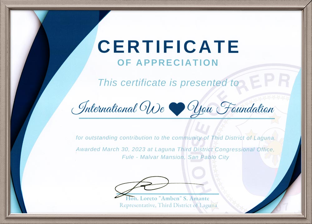 Certificate of Appreciation from Representative of Laguna, the Philippines