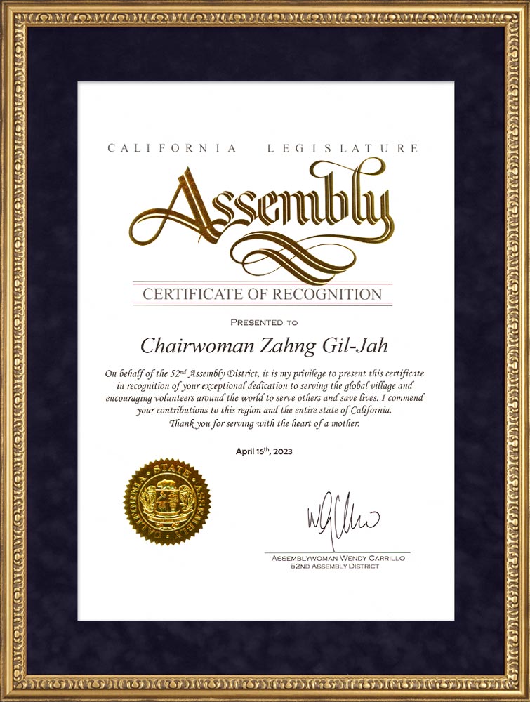 Certificate of Recognition from 52th District Assemblywoman, California, U.S.
