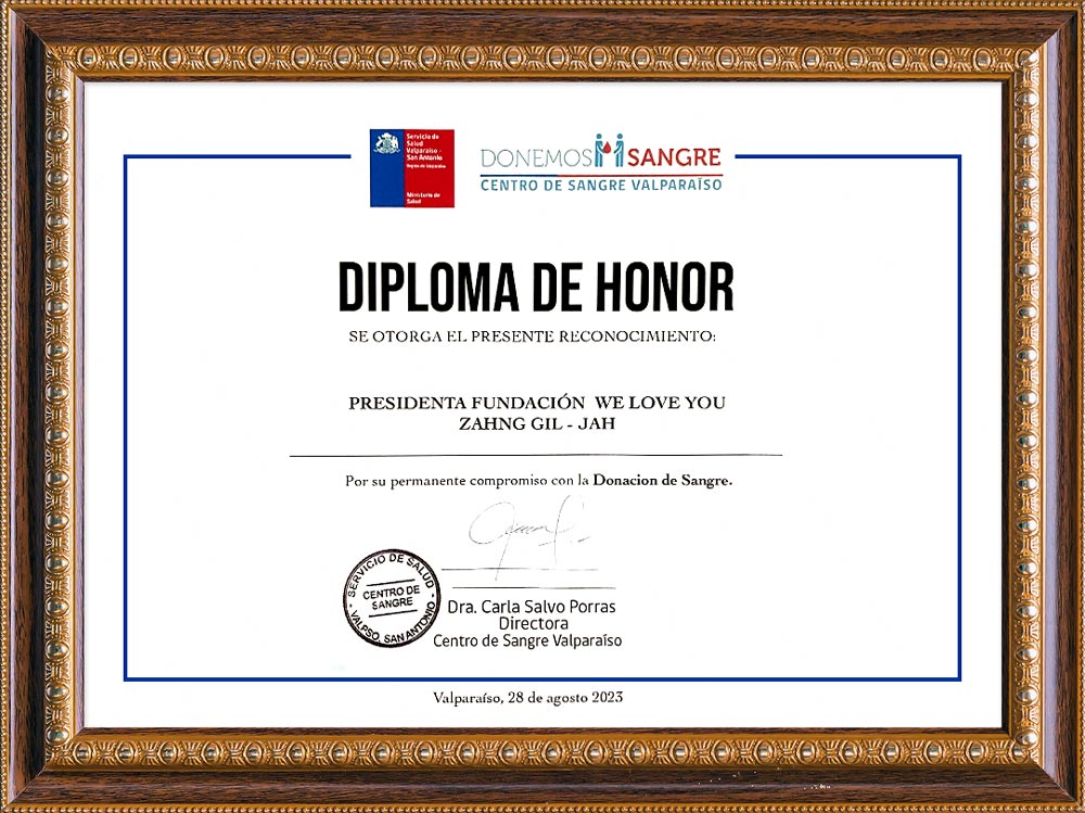 칠레 발파라이소 혈액센터장 표창장