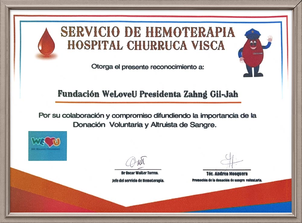 Reconocimiento del Jefe del Servicio de Hemoterapia del Hospital Churruca Visca, Argentina