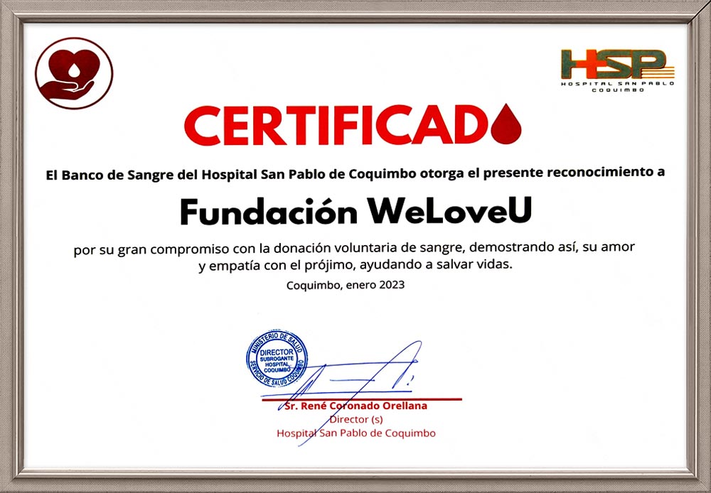 Certificado de Reconocimiento del Director del Hospital San Pablo de Coquimbo, Chile