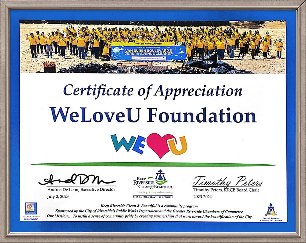 Certificate of Appreciation from Keef Riverside Clean & Beautiful U.S.