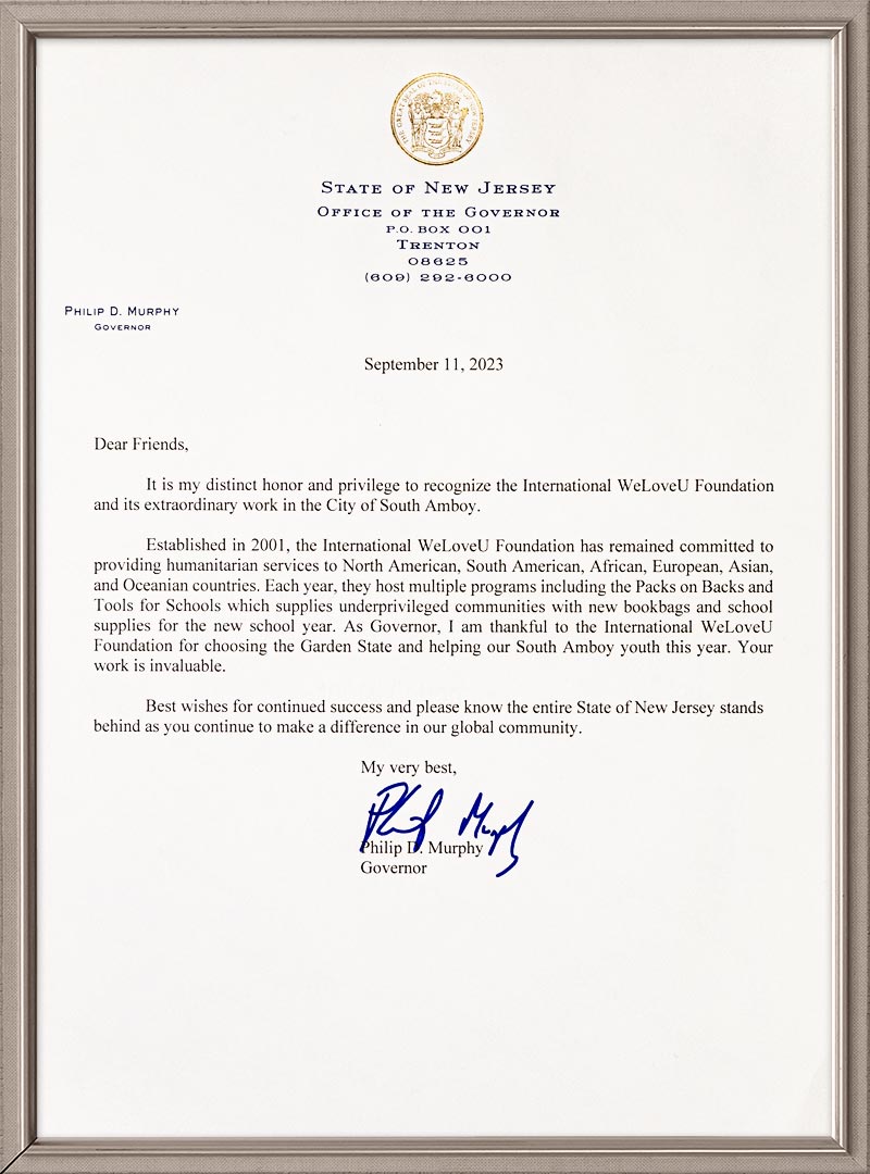 Letter of Appreciation from Governor of New Jersey State, U.S.