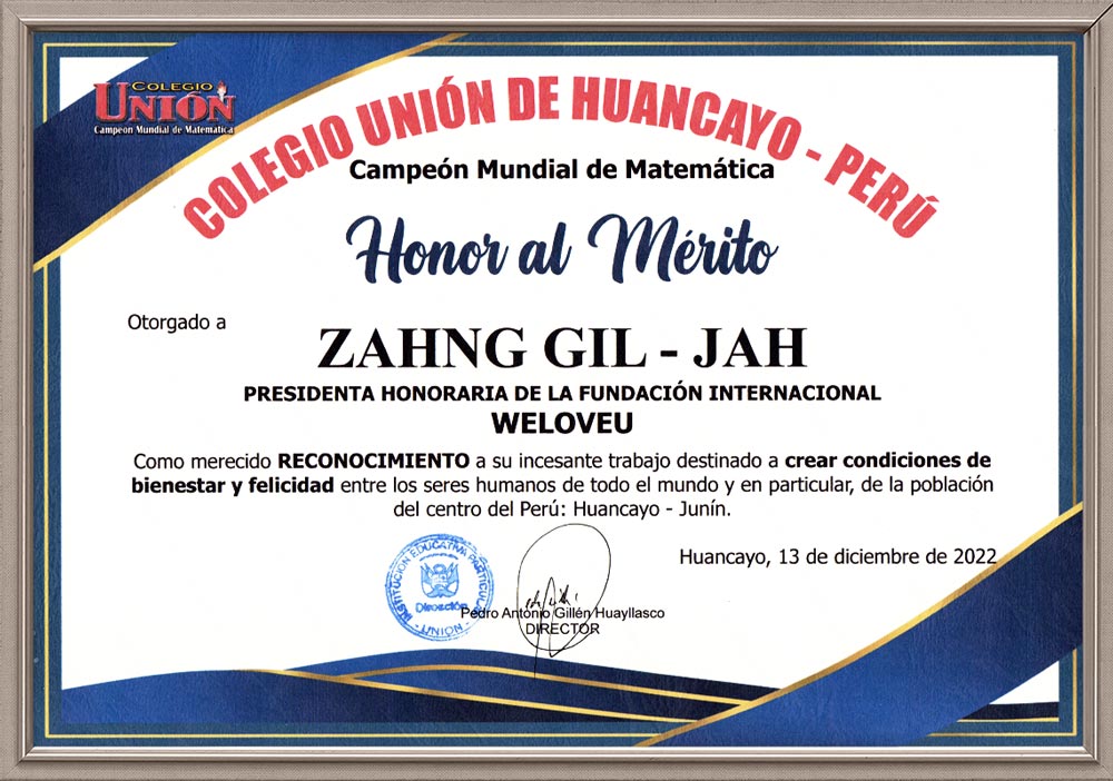 Certificate of Achievement from Principal of Union School, Peru