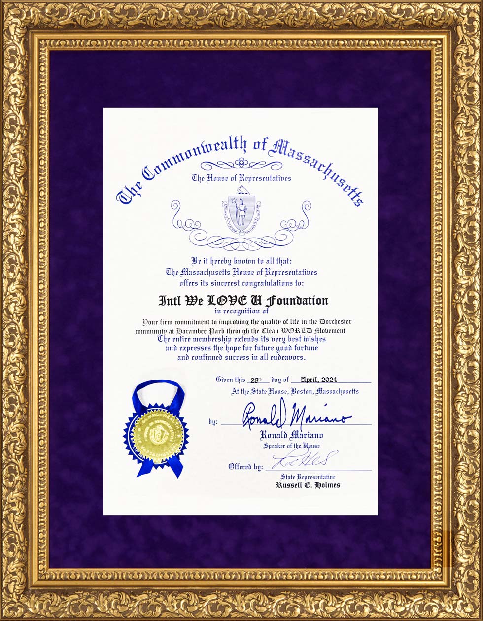 Certificate of Recognition from House of Representatives, MA, U.S.
