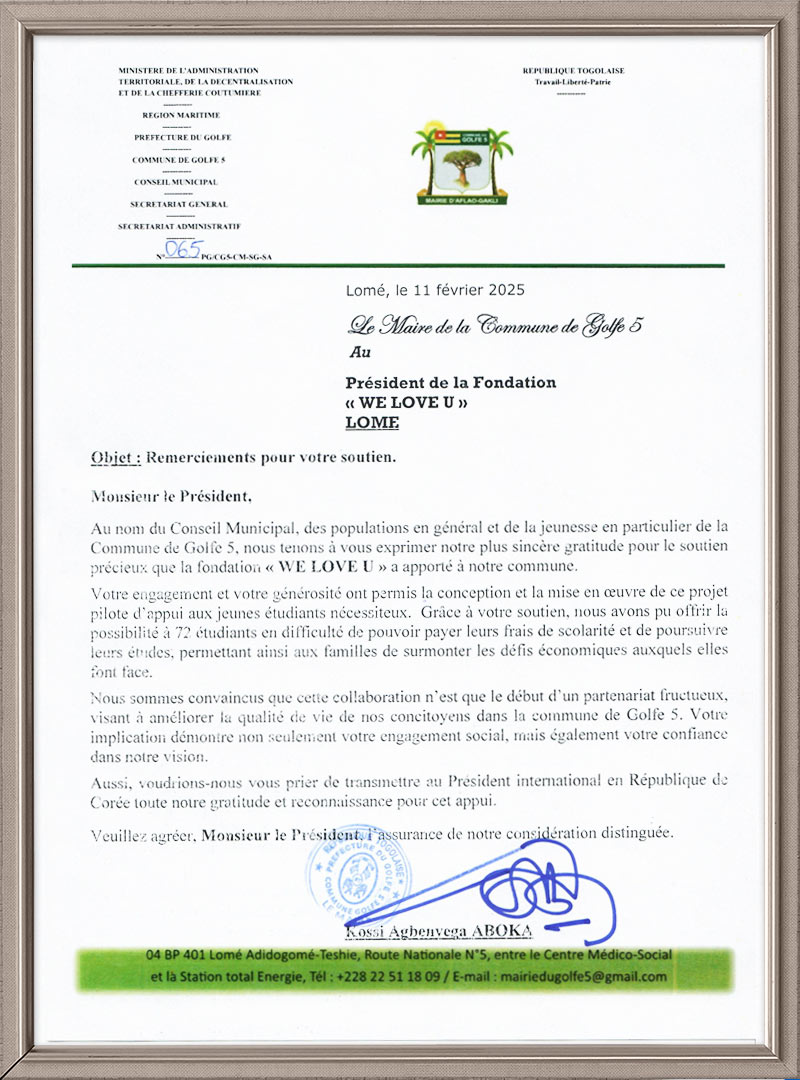 Certificate of Appreciation from Mayor of Golfe 5 Municipality, Lomé, Togo
