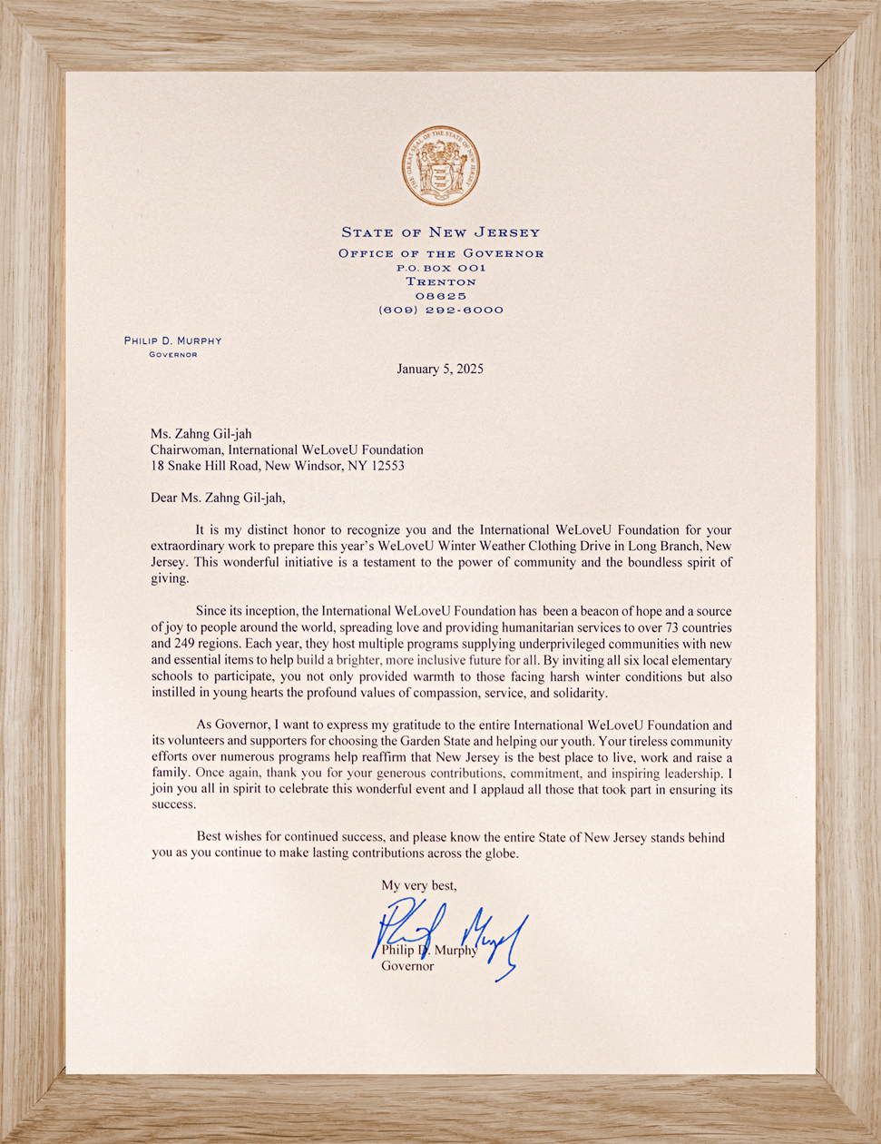 Letter of Appreciation from Governor of New Jersey State, U.S.