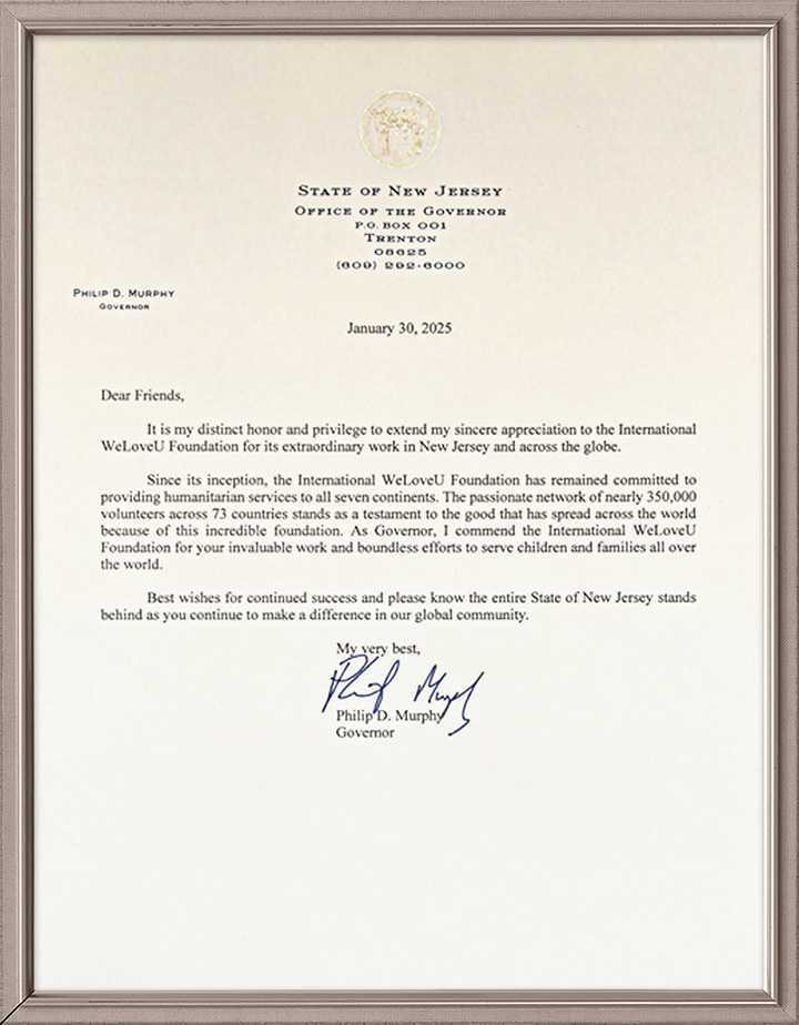 Letter of Appreciation from Governor of New Jersey State, U.S.
